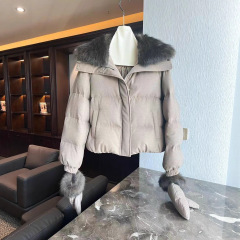 L家联名手套款羽绒服女派克服港风冬狐狸毛大毛领夹克外套外贸
