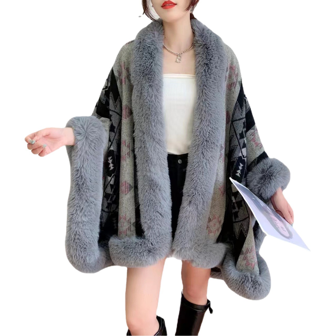 Otoño e Invierno gran suelta imitación cuello de piel de conejo Rex split suéter de las mujeres mantón del Cabo cálido Europeo y Americano capa