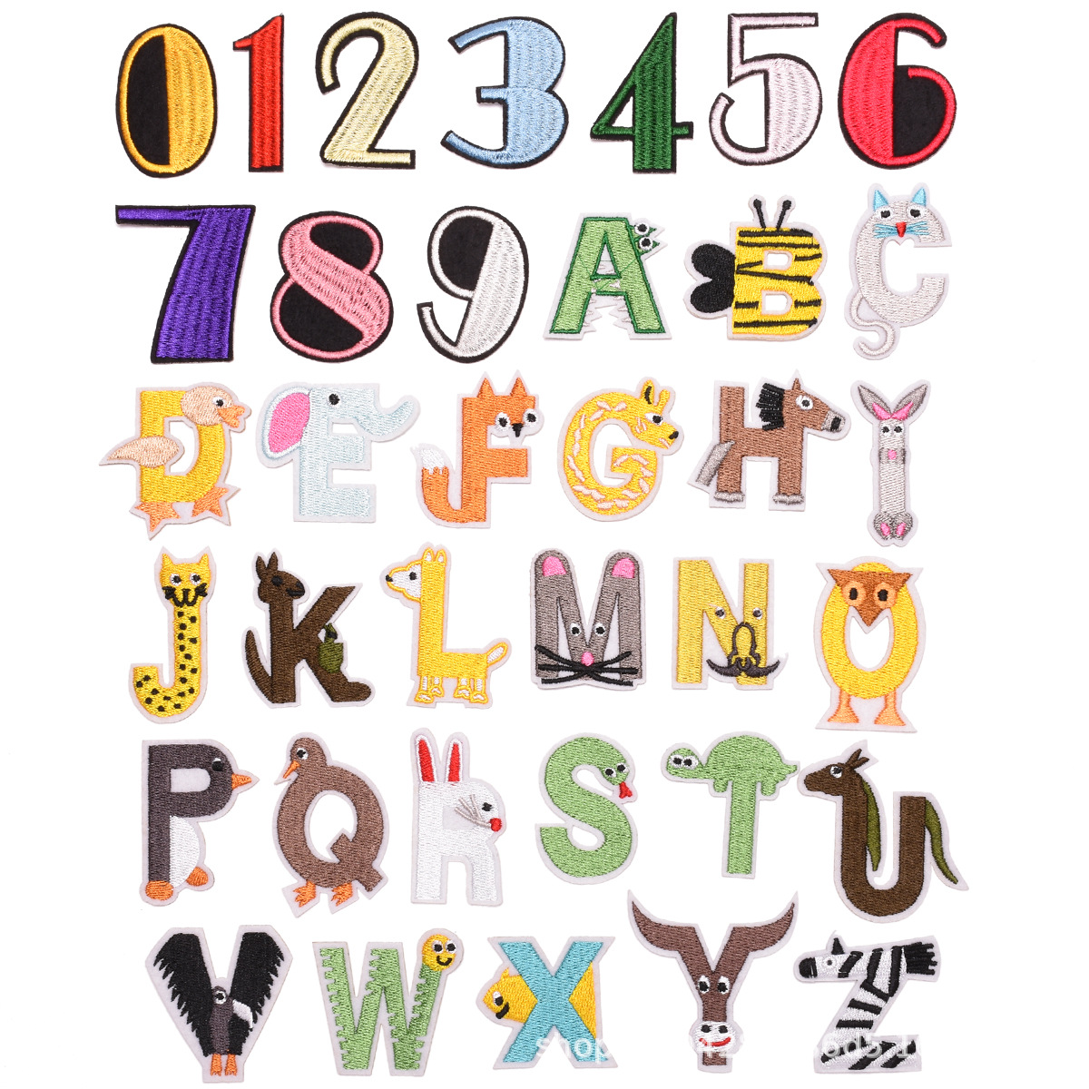 乐思刺绣布贴批发彩色卡通动物26个英文字母数字个性背胶补丁贴