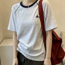 【220g纯棉】螺纹领口 +后包 明线工艺+刺绣撞色拼接短袖T恤女 实