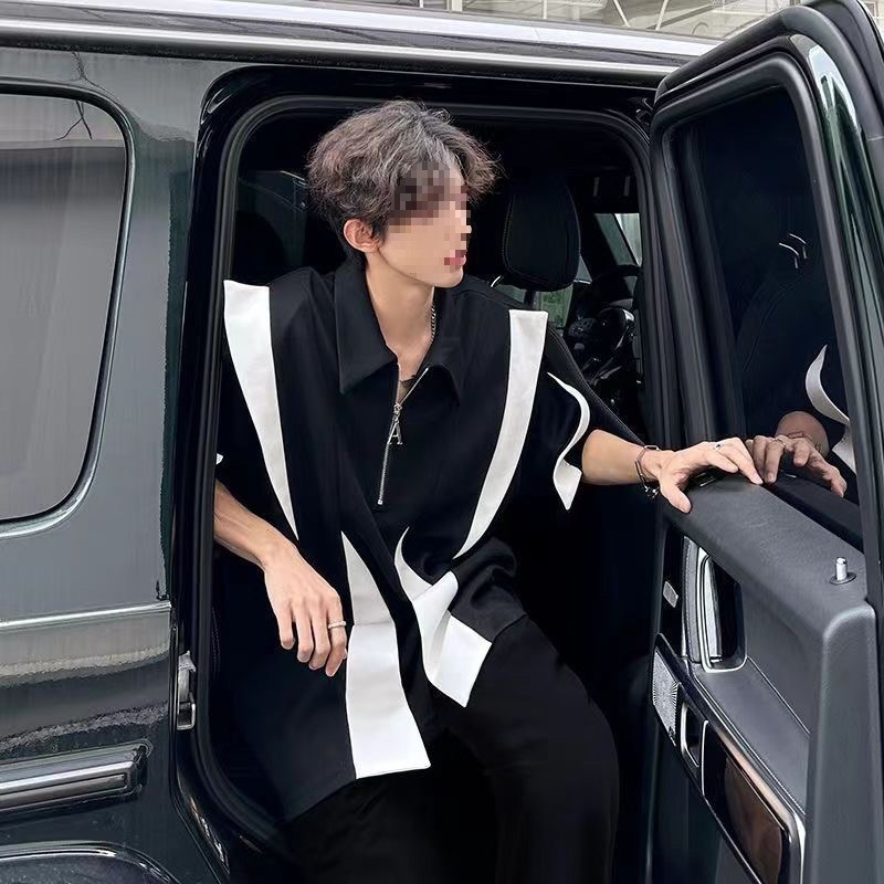 Camiseta de media cremallera de peso pesado retro americano almohadilla de hombro de costura polo camisa de manga corta para hombres con sentido del diseño de verano para hombres