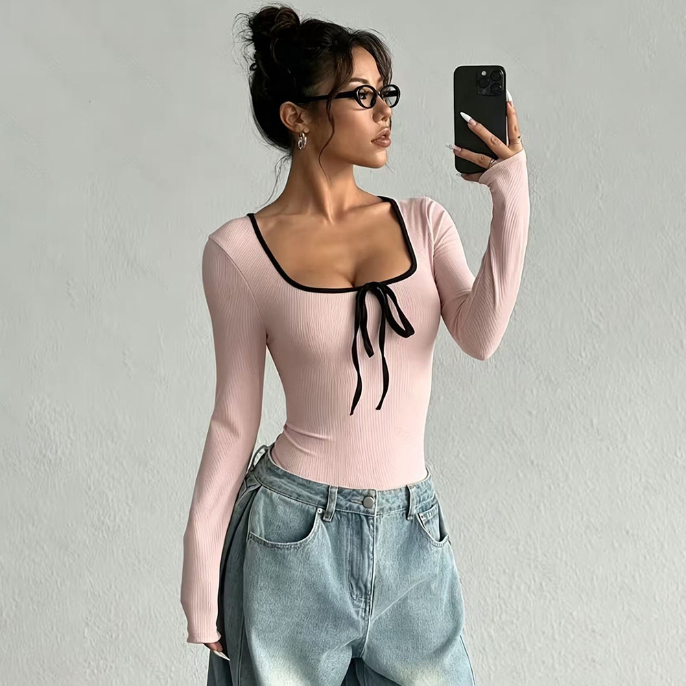 Cross-border 2026 nueva ropa de mujer europea y americana de color sólido sexy correa baja de pecho de manga larga delgada chica caliente super corta camiseta mujer