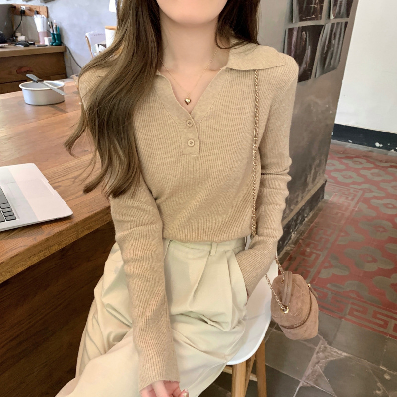 翻领复古内搭针织衫女秋冬长袖套头毛衣打底衫修身显瘦polo领上衣|undefined
