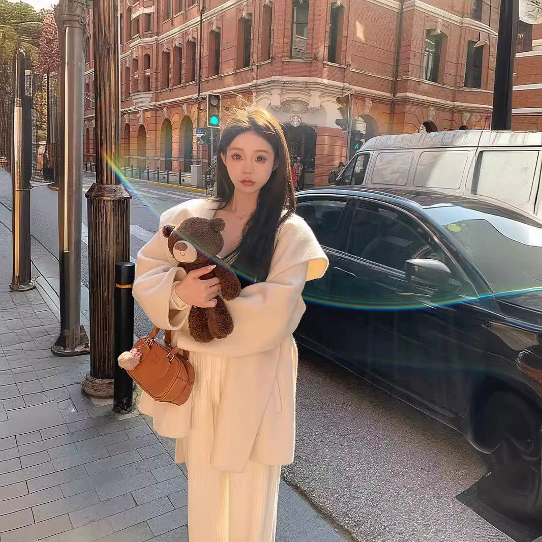 Двустороннее шерстяное кашемировое пальто с капюшоном женское зимнее новое корейское издание