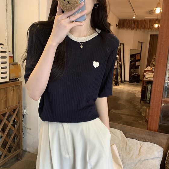 Pit Strip Design Sense Love Embroidered Knitted Top Women's Summer Wide Loose Shoulder Short-sleeved T-shirt Contrast Color Half-sleeved Thin Top