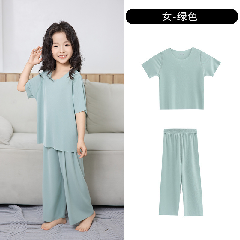 夏の新しい男の子半袖ルーズシームレスアイスシルクホーム服子供のツーピース女の子パジャマセット 01|undefined