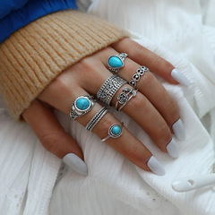 AliExpress best-selling jewelry cross-border fashion bohemian style turquoise rose totem 7-piece ring set for women