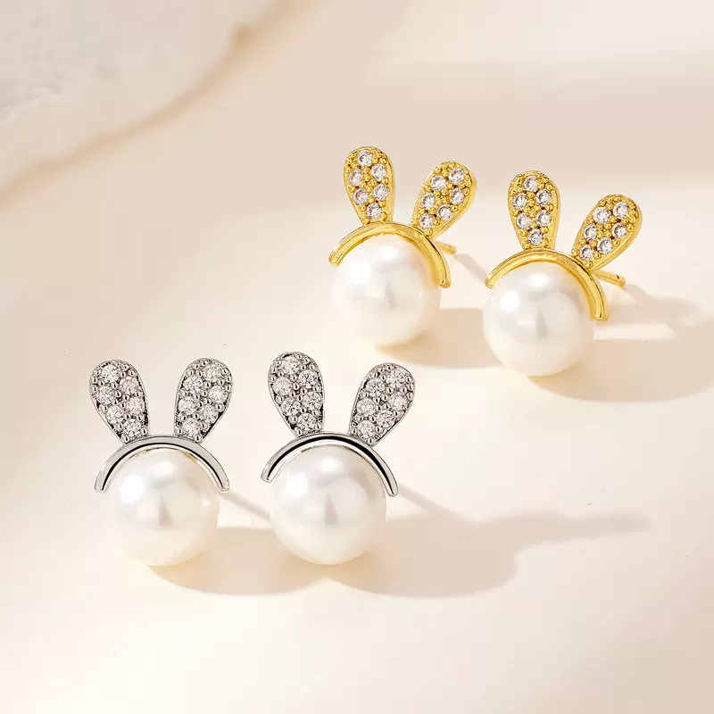 可爱小兔子珍珠耳钉女小众设计感百搭微镶锆石耳环甜美精致耳饰潮