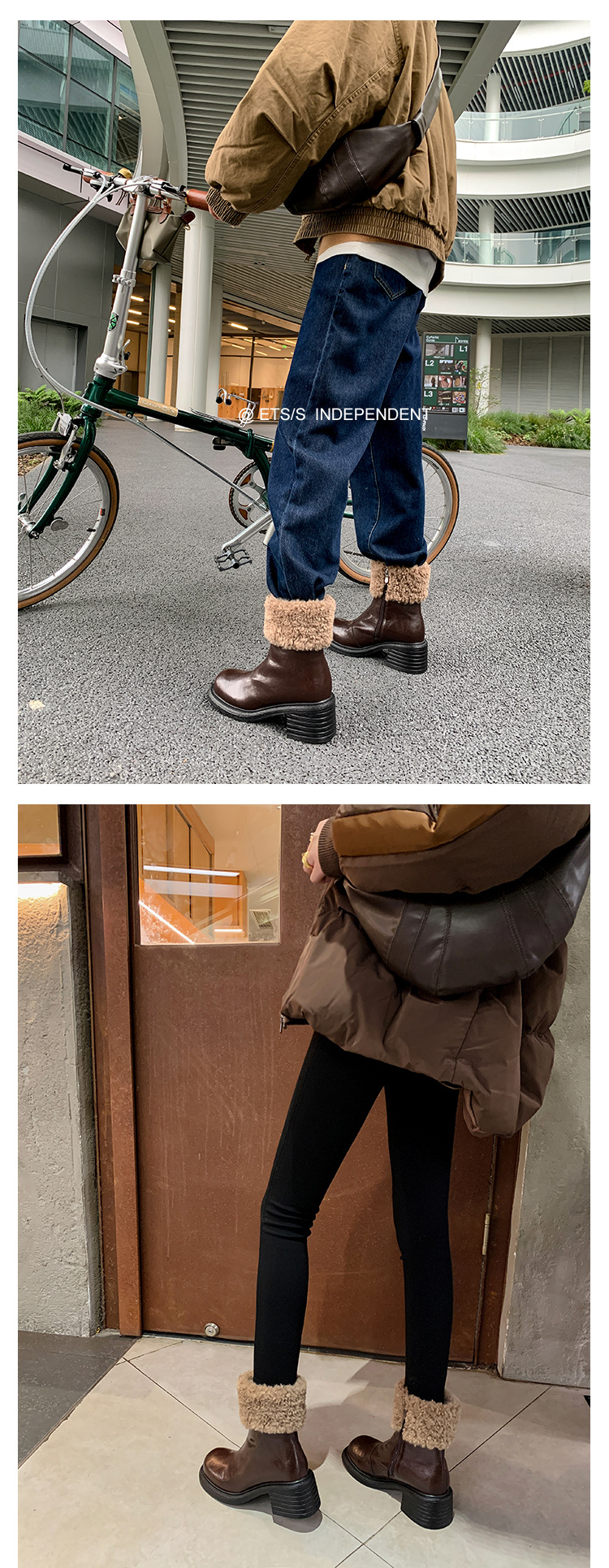 Boot nữ mũi tròn cổ ngắn lót lông giữ ấm gót cao — màu đen chi tiết 28