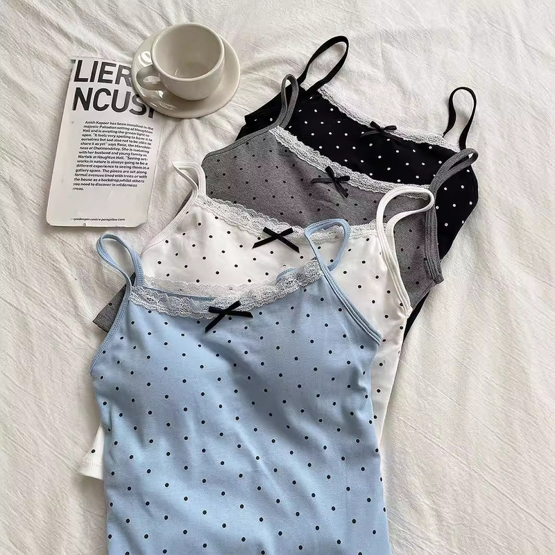 Sewing Quality Edition Wave Dot Lace Sling Vest with Chest Pad Korean Style Sweet Pure Style Outer Wear Top Women's 3066