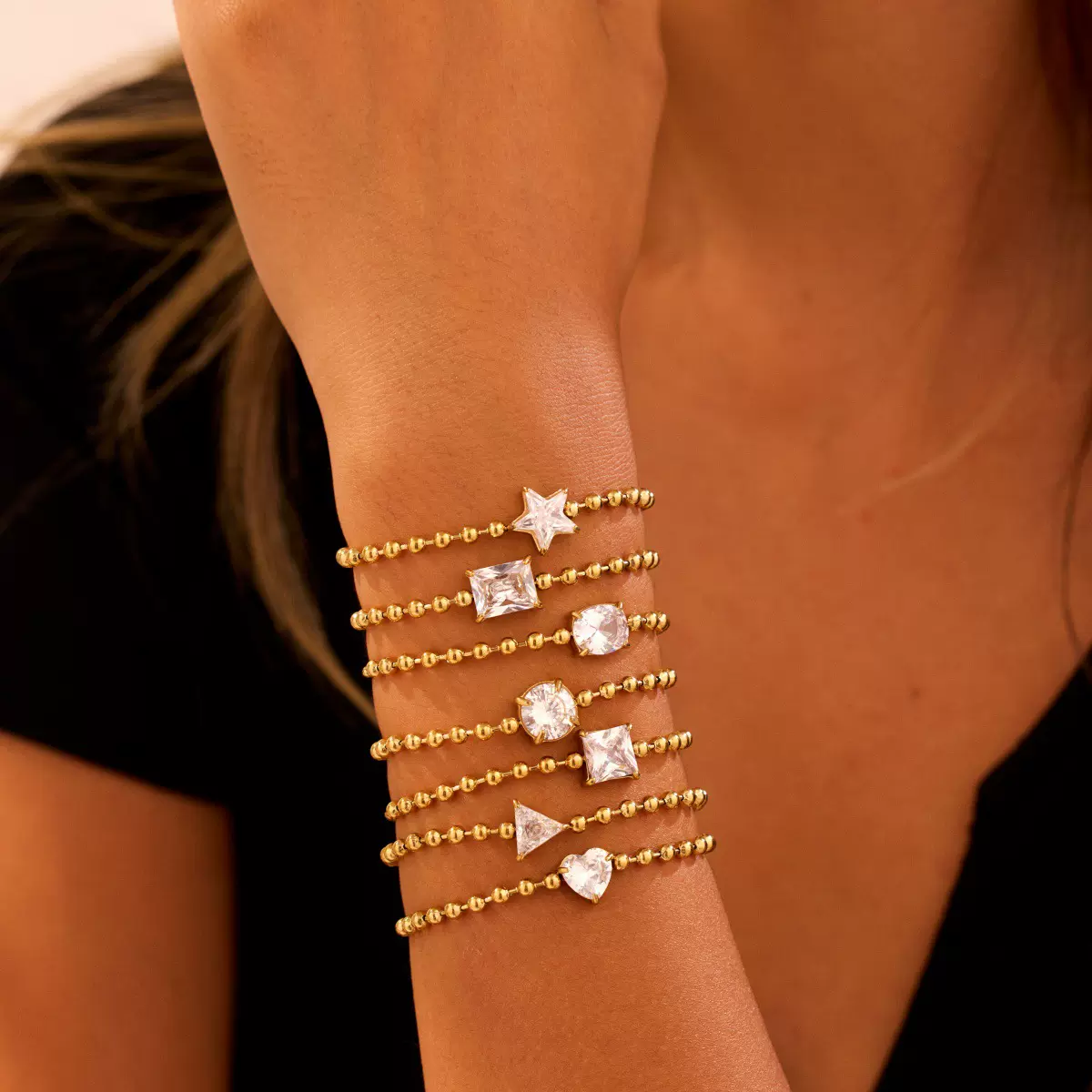 跨境欧美风ins潮流镶嵌锆石几何不锈钢手链不掉色轻奢手饰品批发