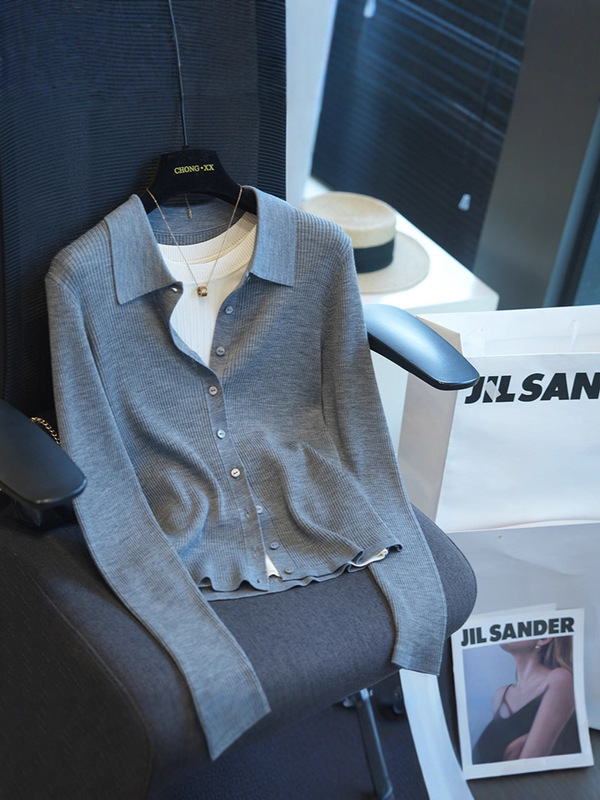 100 Sheep Wool Classic Polo Collar Slim Slim Long-Sleeved Knitted Cardigan Women's Top Autum New G091915