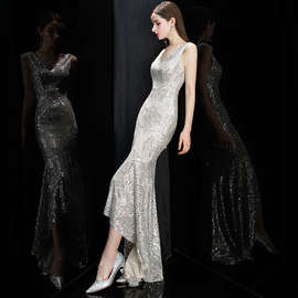 亮片大气晚礼服裙女2024新款气场女王鱼尾质感宴会气质主持人银色