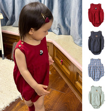 24夏欧洲进口刺绣亚麻无袖婴儿包屁衣宝宝夏季薄款背心背心爬服舒