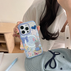 ブルーフレームの花柄と蝶結びの磁気吸着式iPhone17/Apple16ProMax/15/14対応スマホケース（スタンド付き）