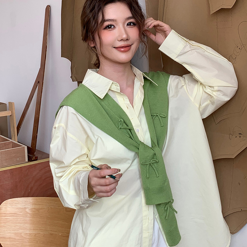 Sopa de punto para mujeres otoño y invierno nuevo arco tridimensional con falda camisa de nudos de cuello pequeño hombro de hombro