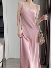女性用アセテートサスペンダードレス、ロングボトムス、春のフレンチセクシーサテンシルクスカート、スーツ付き、高級感