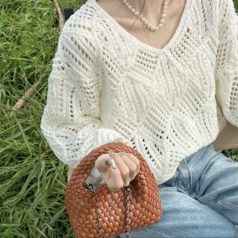 2025 Spring and Autumn Korean Style Lazy Soft Waxy Rhombus Cut Out Round Neck Knitwear Long-Sleeved Fashionable Loose Slimming Look Bottoming Shirt 2025 Spring and Autumn Korean Style Lazy Soft Waxy Rhombus Cut Out Round Neck Knitwear Long-Sleeved Fashionable Loose Slimming Look Bottoming Shirt
