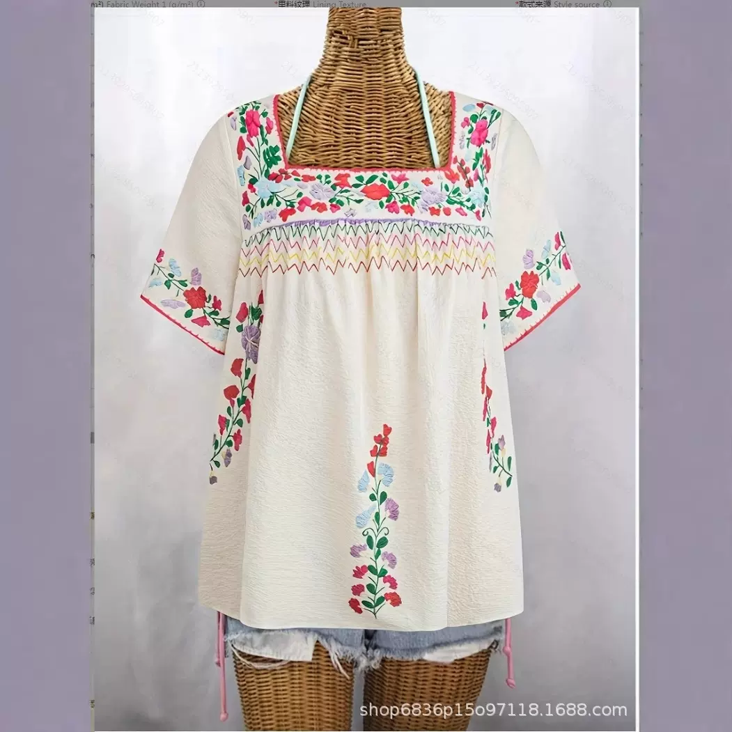 欧美春夏标码女装方领套头花卉印花上衣度假风宽松衬衣短袖 现货