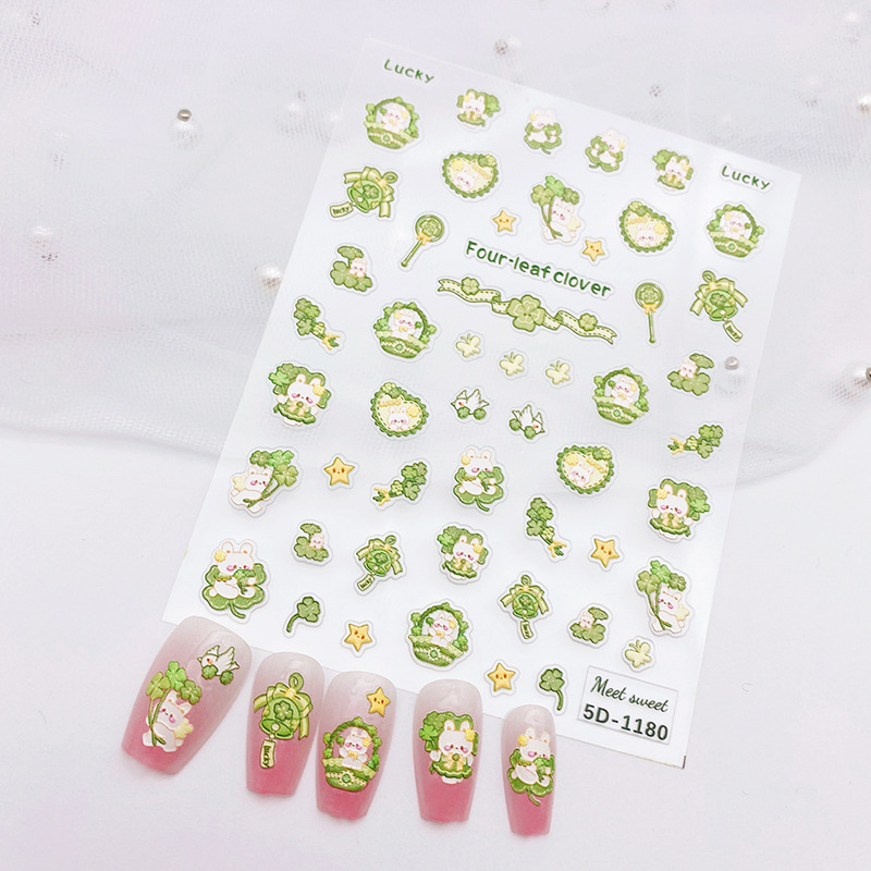 St. Patrick's Day Summer Green Nail Art Stickers Puppy Frog Bear 5D Embossed Waterproof Adhesive Nail Stickers
