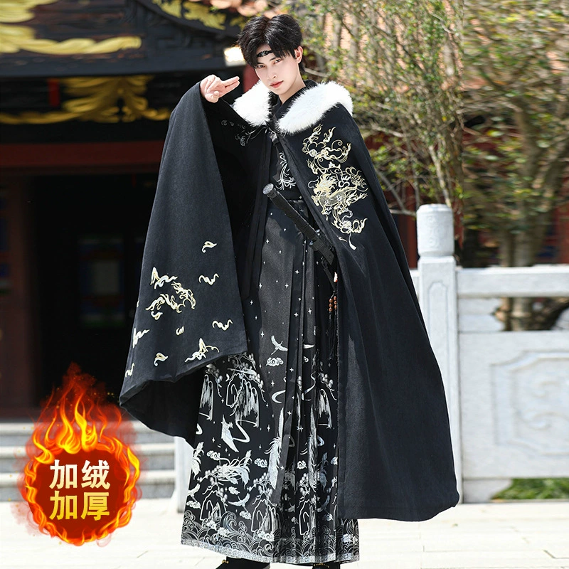 Оригинальный Hanfu мужской длинный черный плащ с вышивкой единорог осенне-зимнее теплое пальто с бархатом и утолщением с капюшоном плащ