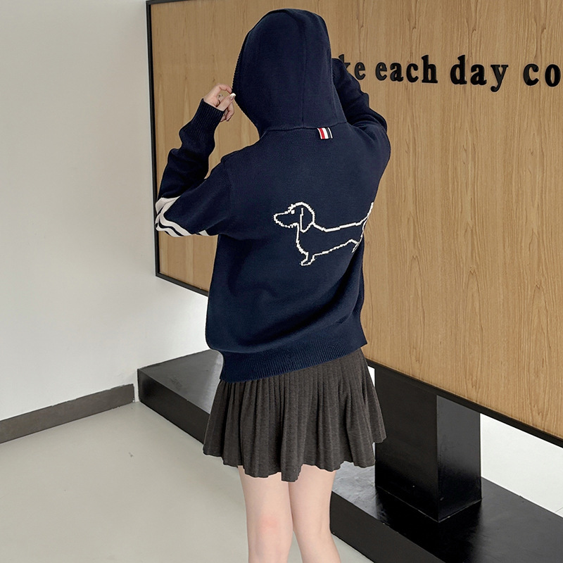 Tb Spring and Autumn New College Style Embroidered Hooded Loose Knitted Men's and Women's Same Style Back Stroke Puppy Zipper Hoodie
