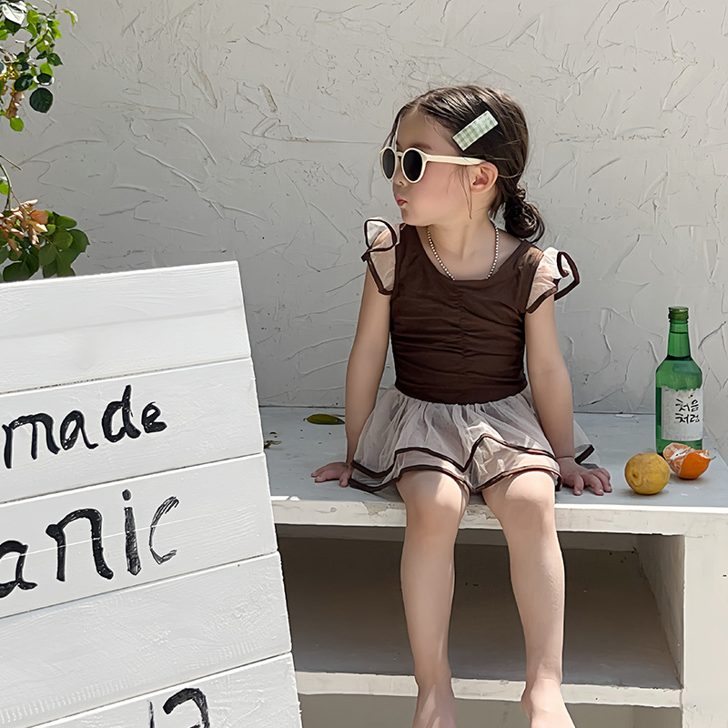 New Girls' one-piece swimsuit for summer small and medium-sized children's baby brown princess gauze skirt beach swimsuit