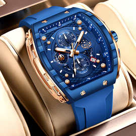 新款酒桶形石英表男士手表多功能大表盘夜光防水日历六针商务腕表