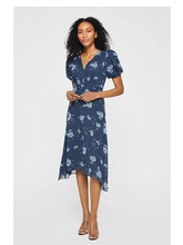 23新款 摩纳哥不规则下摆泡泡袖复古印花V领真丝连衣裙