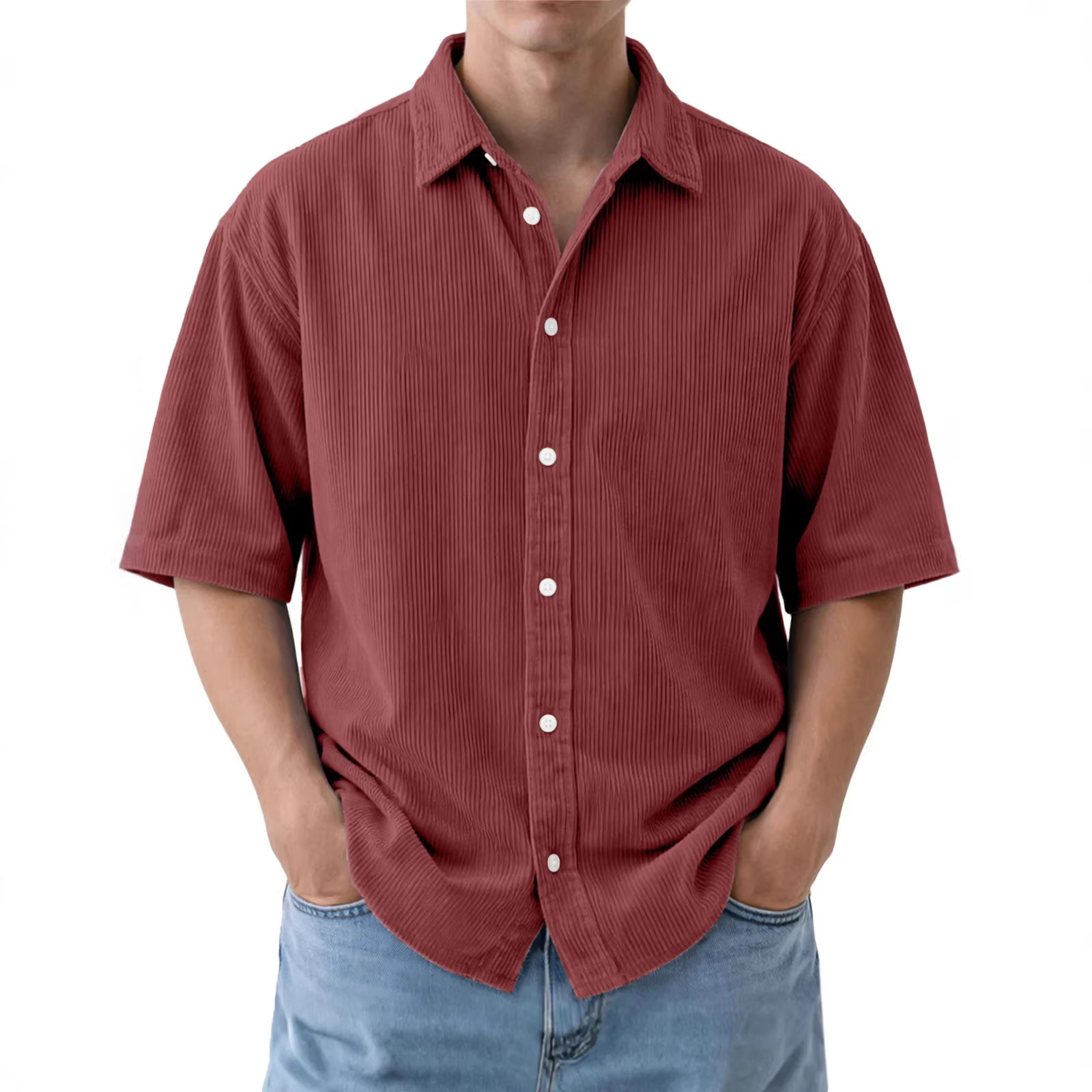 2026 Summer Retro Shirts: Casual Loose-Fitting Solid Color Corduroy Polo With Flap Collar For Men_viptrois.com