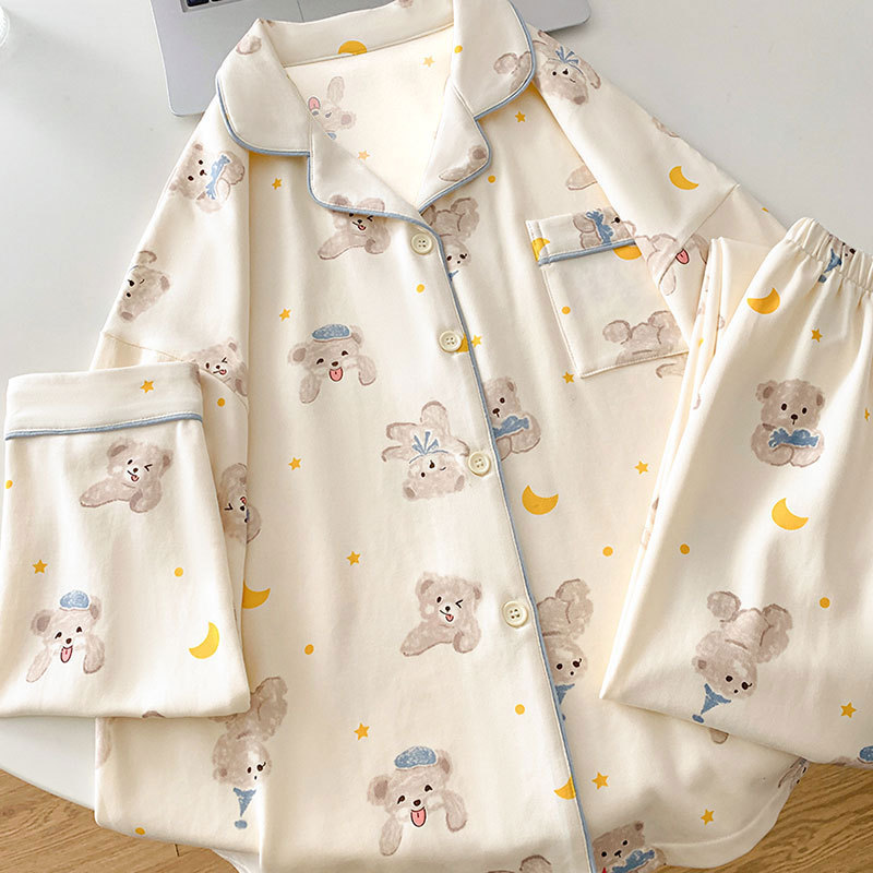 Japanese-Style Cute Cream Bear Pajamas for Women, Long-Sleeve Spring and Autumn Cardigan, Women's Faux Cotton Loungewear Set, Suitable for Wearing Outside Japanese-Style Cute Cream Bear Pajamas for Women, Long-Sleeve Spring and Autumn Cardigan, Women's Faux Cotton Loungewear Set, Suitable for Wearing Outside