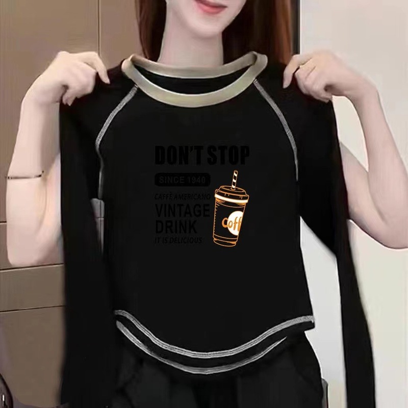 含棉打底衫女2025新款秋季圆弧形不规则百搭长袖T恤短款别致上衣|undefined