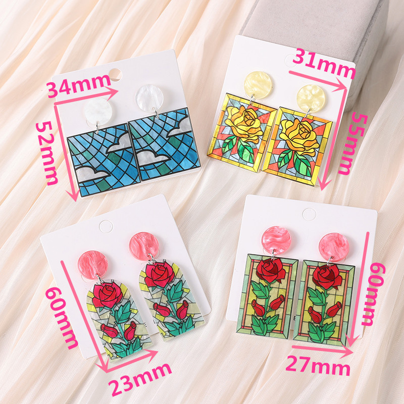 1 Pair Sweet Sunflower Rose Chrysanthemum Printing Flowers Arylic Dangling Earrings display picture 2