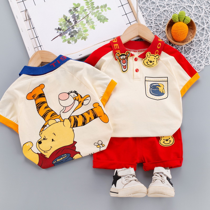 Foreign Trade Kidsren's Clothing Popular Summer New Kidsren's Short-Sleeved Suit for Boys and Girls Cartoon Lapel Casual Kidsren's Clothing Two-Piece Set