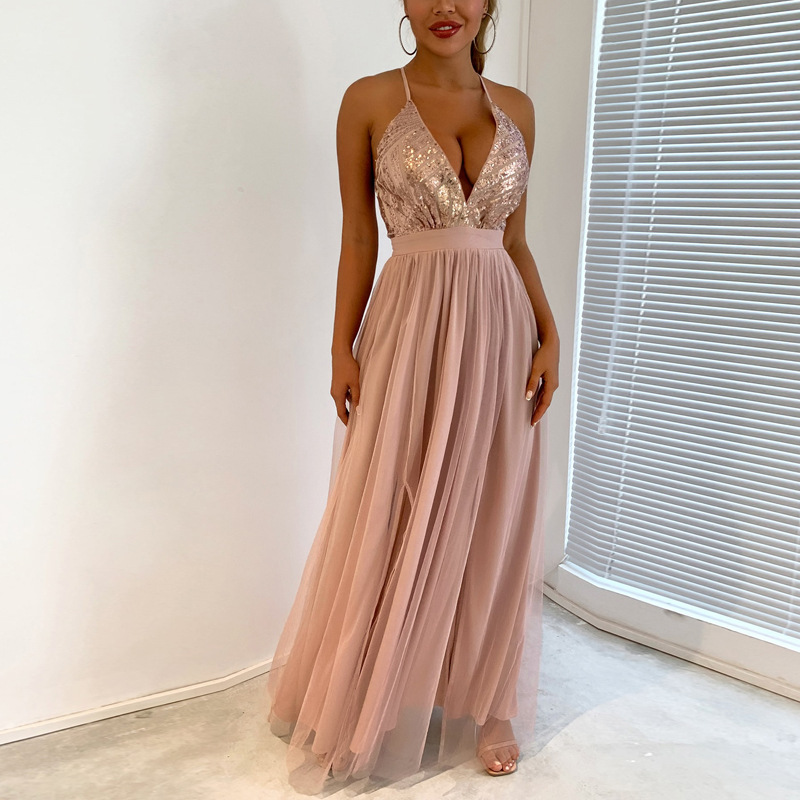 Elegante abito da sera lungo in mesh con spalline sottili_voghion.com