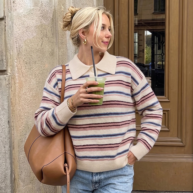 2026 Autumn/Winter New Striped Polo Collar Knit Sweater, European and American Style, Loose Fit, Casual, Relaxed, Long Sleeve Sweater for Women