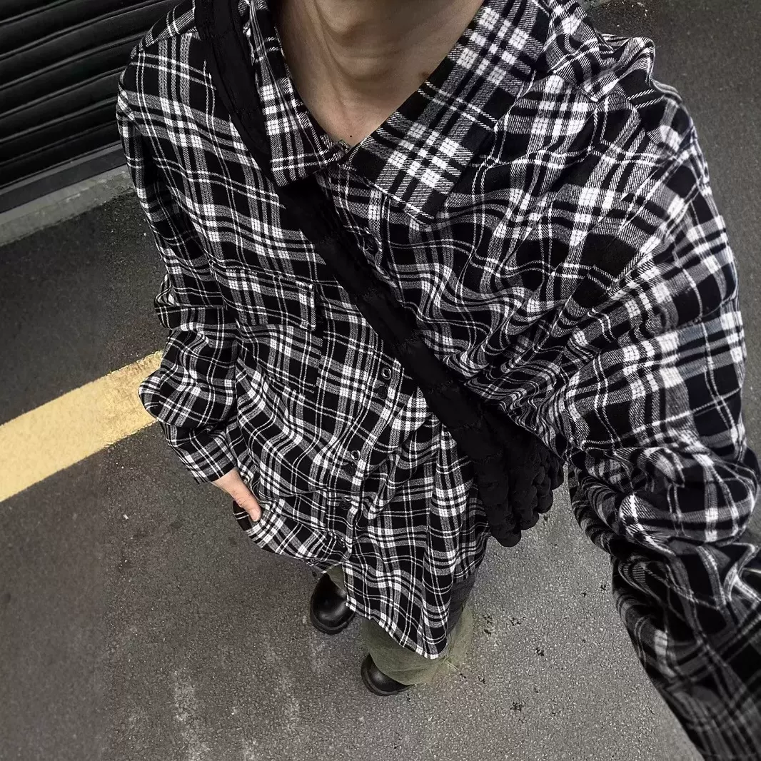 复古黑白格子长袖衬衫港风宽松衬衣男女款春秋季潮流百搭休闲外套