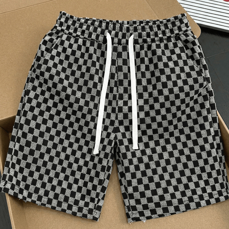 Men's Summer Casual Houndstooth Print Shorts, Loose Fit Straight Leg 5-Inch Inseam High Street Retro Style Shorts For Daily Streetwear_viptrois.com