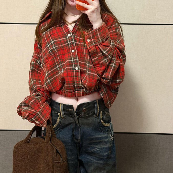 American Retro Red Plaid Elastic Hem Shirt for Women, New Spring Style Niche Lazy Shirt Top American Retro Red Plaid Elastic Hem Shirt for Women, New Spring Style Niche Lazy Shirt Top