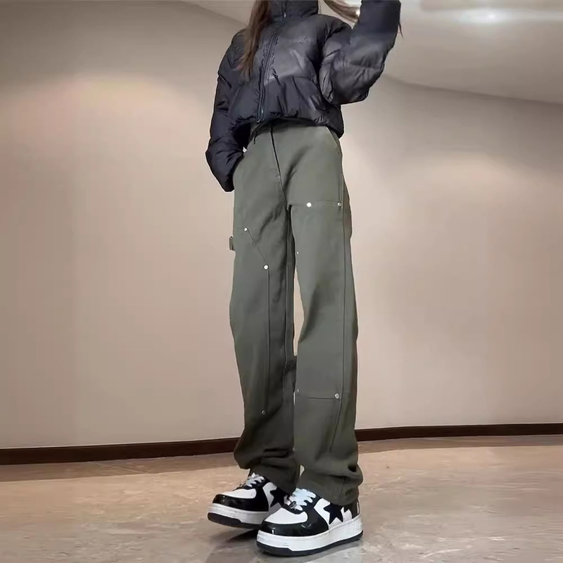 vintage Army Green logging overalls women's spring and autumn American-style a-shaped pants long legs straight flared pants