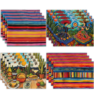 2025 Mexican Style Place Mat Linen Rainbow Printed Table Mat Cross Border Holiday Party Table Decorative Heat Insulation Mat