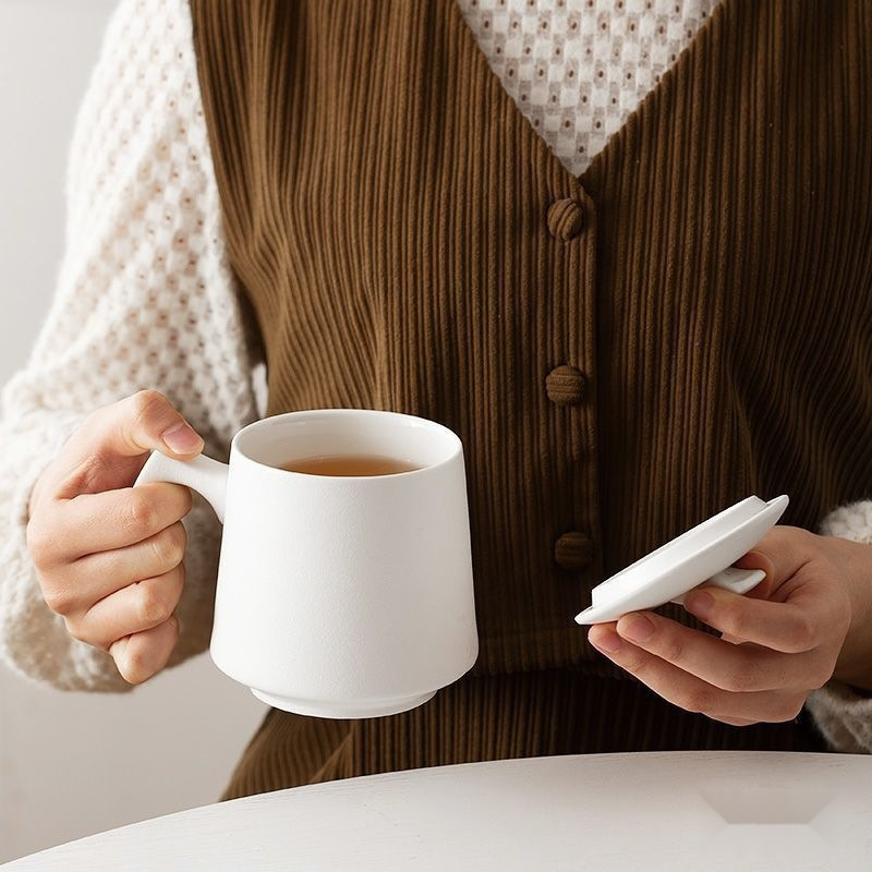 磨砂陶瓷个人杯办公室带盖过滤茶水分离马克杯家用男|undefined
