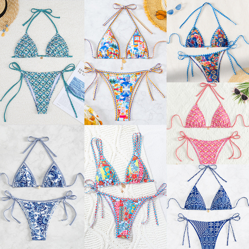 2026 New Bikini Cross-Border European and American Aliexpress Triangle Cup Printed Sexy Bikini Two-Piece Swimsuit Swimwear