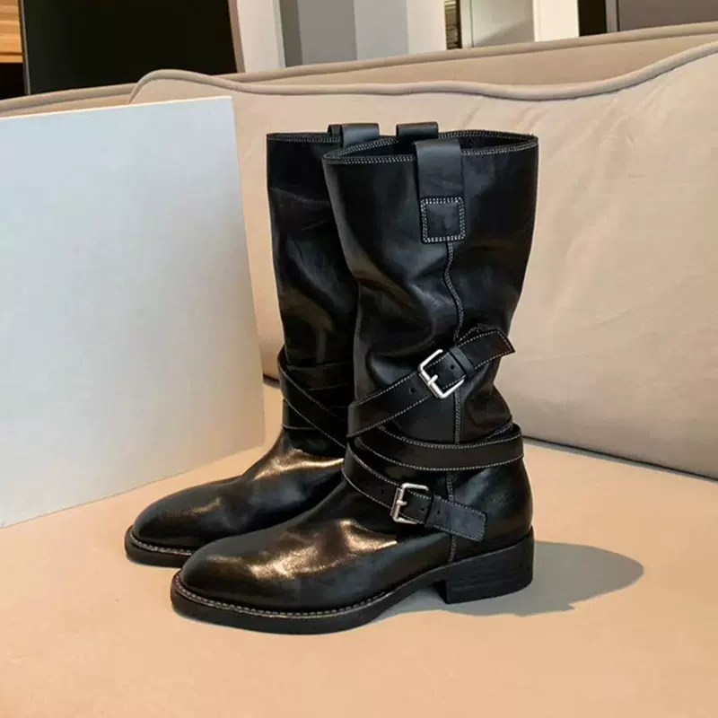 圆头显瘦皮带扣酷飒中长筒骑士靴女秋褶皱复古水洗马皮西部牛仔靴