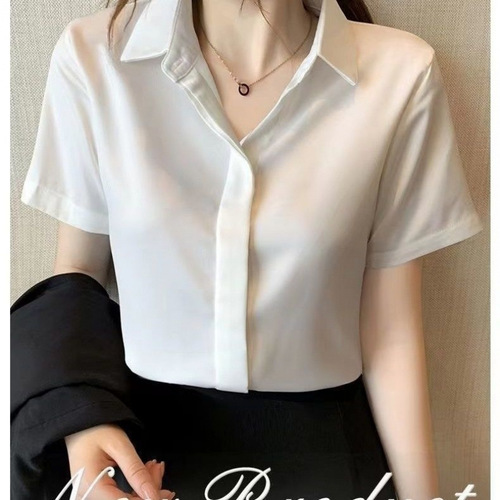 Linen Shirt for Women - Summer 2025, Elegant, Slimming, Mature-Style Professional Polo Collar Short-Sleeve Square Shoulder Top