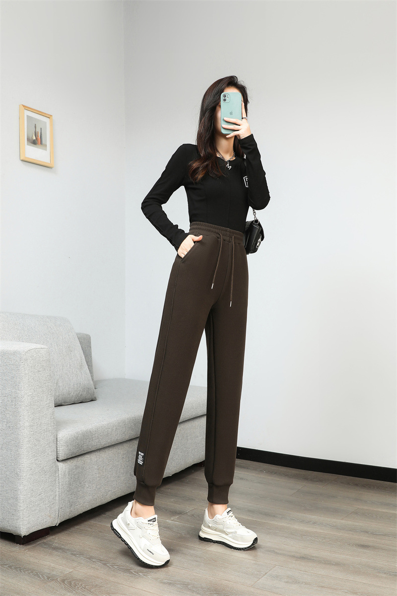 法米姿 羊羔绒运动加绒裤女新款加厚卫裤高腰显瘦束脚休闲裤哈伦