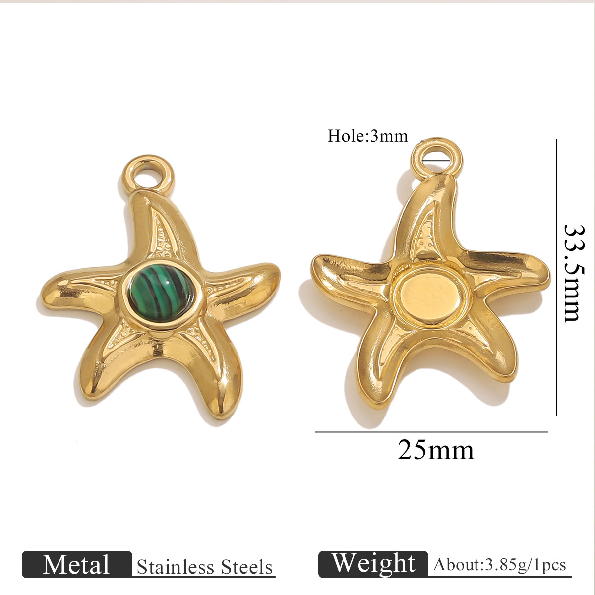 304 Stainless Steel Material Starfish Pattern 1 Piece 304 Stainless Steel Natural Stone PVD Coated Real Gold Plated Starfish Pendant Pendant