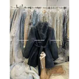 广州十三行冬季新款法式狐狸毛领高级感绑带收腰羽绒毛呢外套女