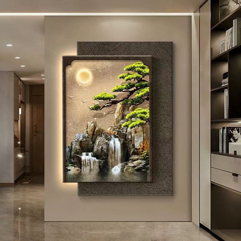 無垢材の玄関ホール装飾絵画新しい中国風のテクスチャ廊下わびさびフレームレス発光ハイエンドエンド吊り絵画|undefined