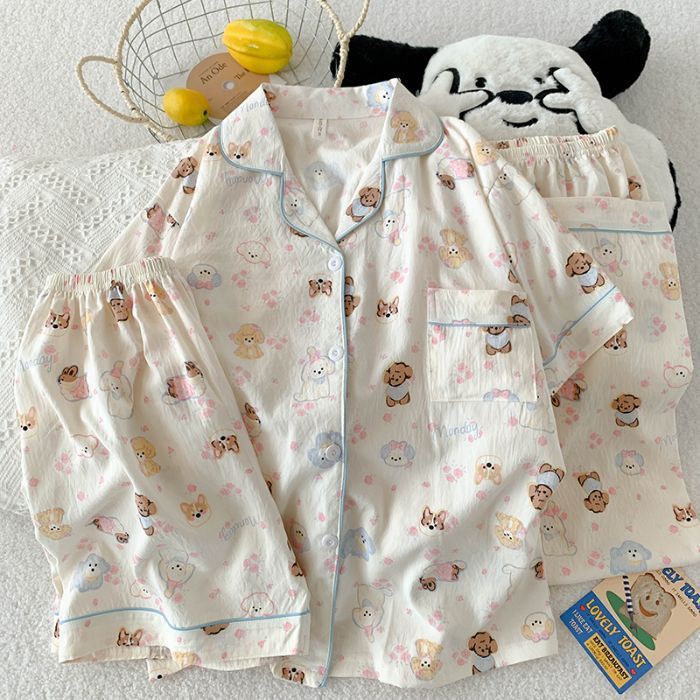 Verano nuevo estilo pijama mujer nube algodón 120g solapa cárdigan pantalones cortos de manga corta pantalones de tres piezas lindo servicio a domicilio